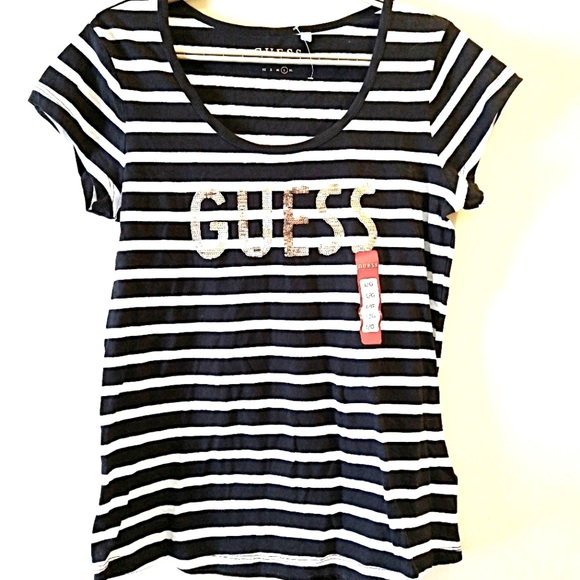 🆕 GUESS Tshirt with Small Gold Sequin Lettering Size L - Picture 1 of 7